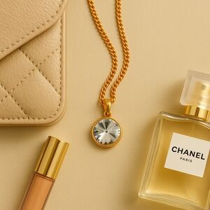 Gold Chain Necklace with Round Faceted Crystal Pendant